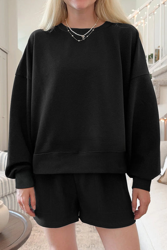 Black Ribbed Texture Baggy Drop Shoulder Pullover and Shorts Set