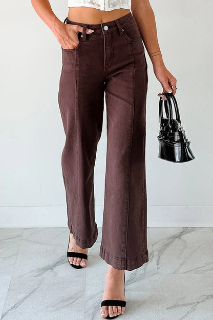 Red Sandalwood Solid Color Seamed Center Wide Leg Cropped Jeans