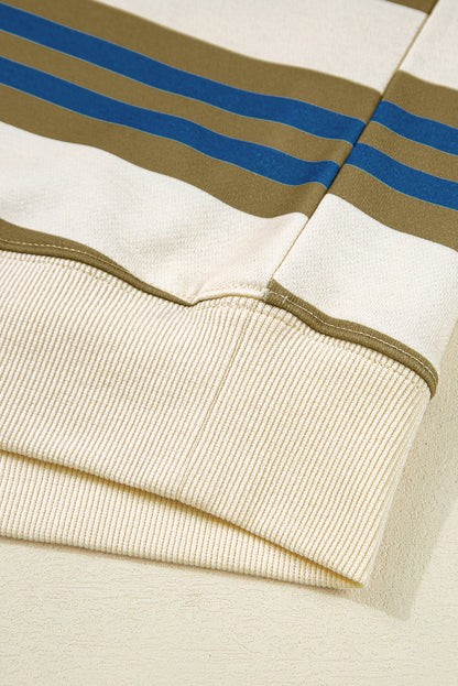 Khaki Stripe Crew Neck Drop Shoulder Pullover Sweatshirt