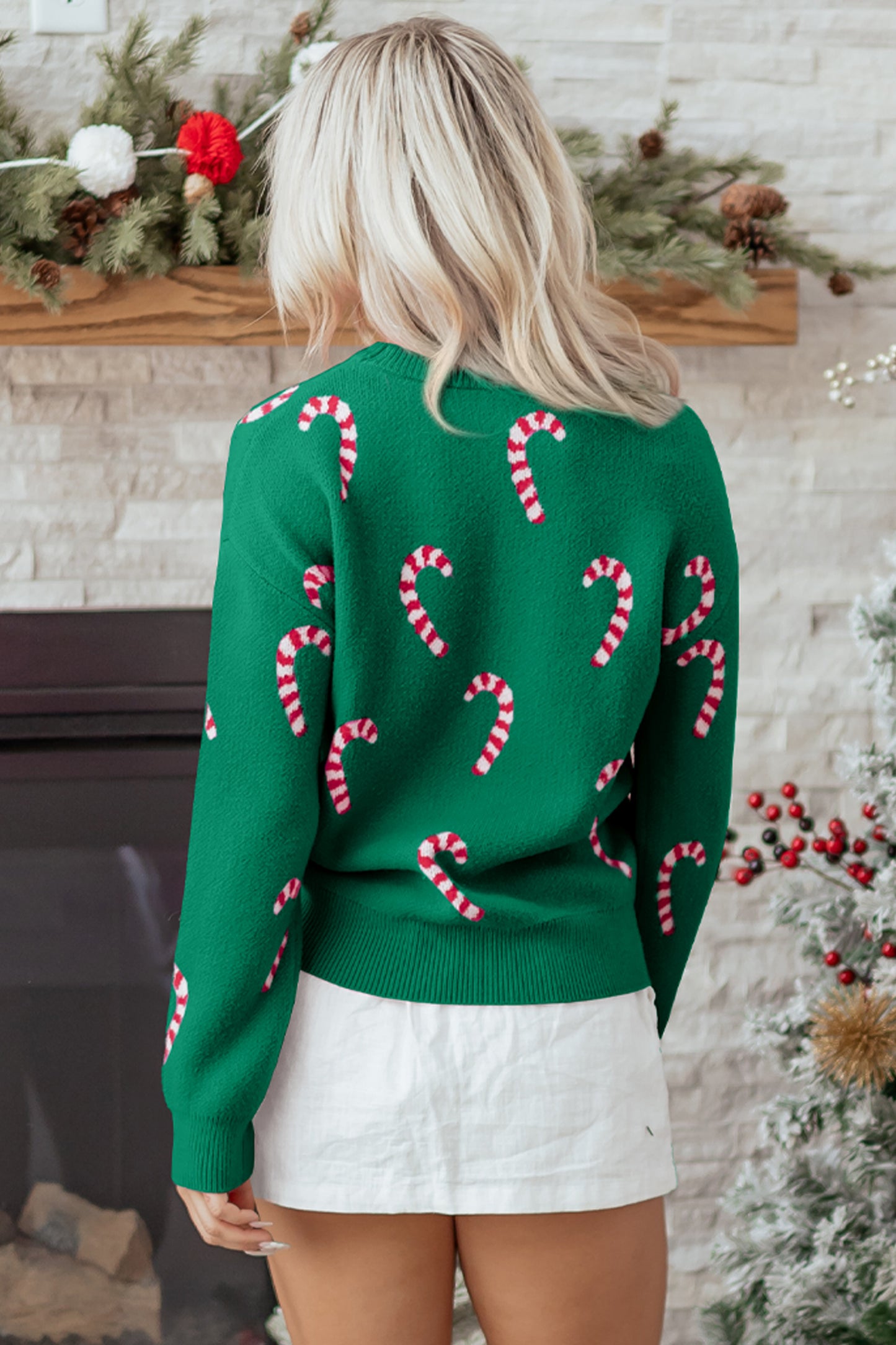 Racing Red Christmas Candy Cane Holiday Drop Shoulder Sweater