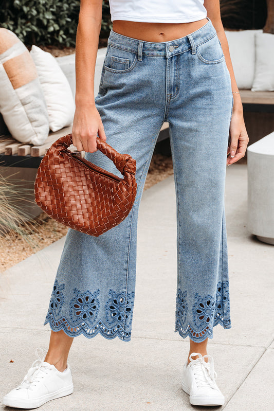 Dusk Blue Embroidered Cropped Wide Leg High Waist Jeans