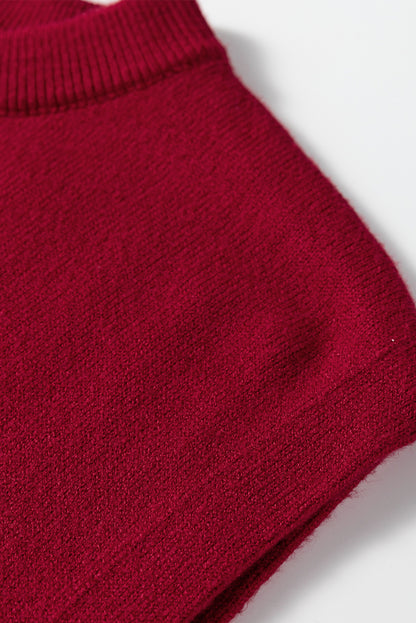 Racing Red Solid Color Crew Neck Knit Cap Sleeve Sweater