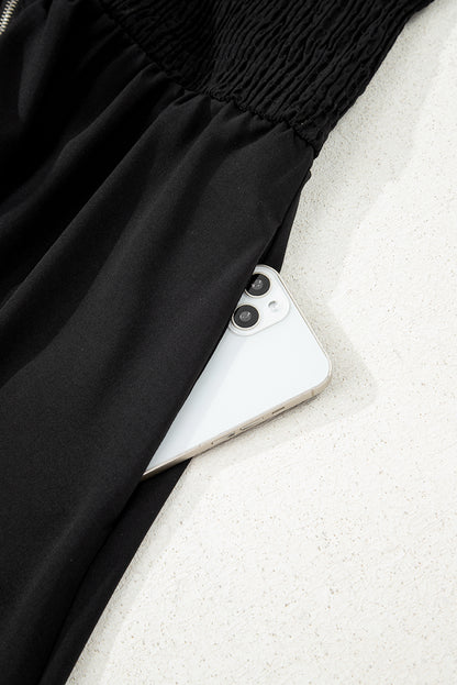 Black Sleeveless Zipped Front V Neck Shirred Waist Maxi Dress