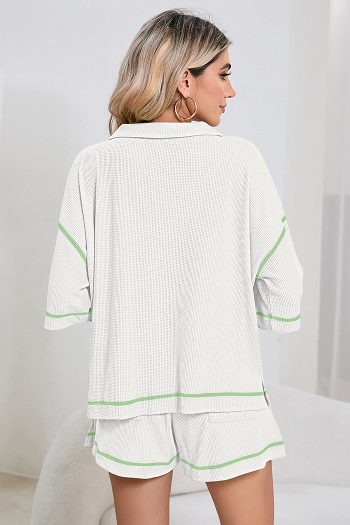 Pink Breathable Waffle Color Block Trim 2pcs Casual Short Set