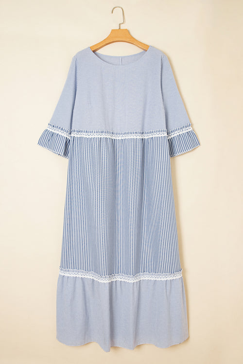 Sky Blue Stripe Crisscross Lace Detail Mixed Striped Patchwork Plus Size Shift Long Dress