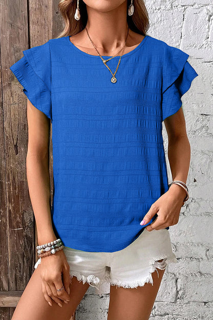 Dark Blue Textured Ruffled Sleeve Round Neck Top