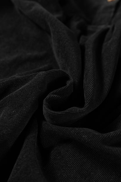 Black Corduroy Half Button Collared Long Sleeve Mini Dress