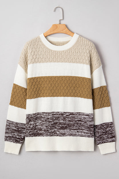 Brown Mixed Texture Knit Striped Color Block Loose Sweater