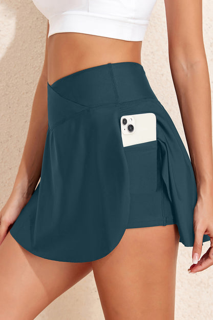 Black Solid Pocketed Crossover High Waist Swim Skort