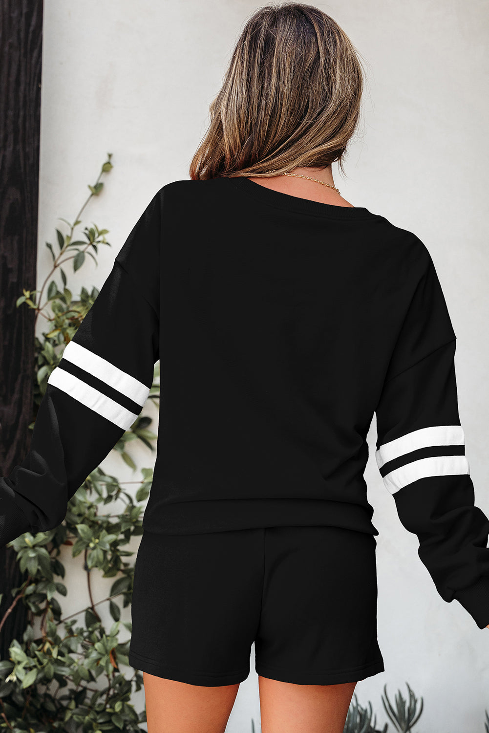 Black Varsity Striped Sleeve Drop Shoulder Sweatshirt and Short Set