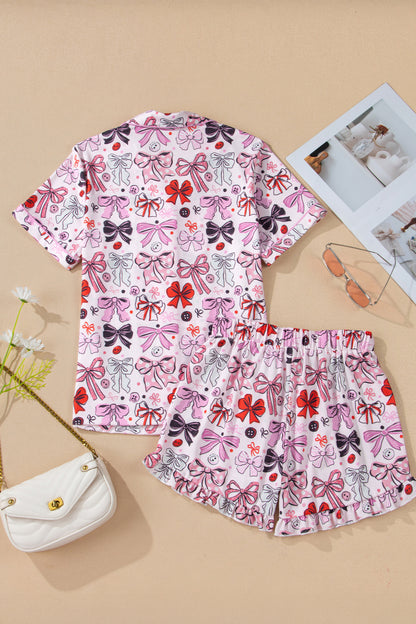 Pink Cute Ribbon Bows Printed Shirt Style 2pcs Short Pajama Set