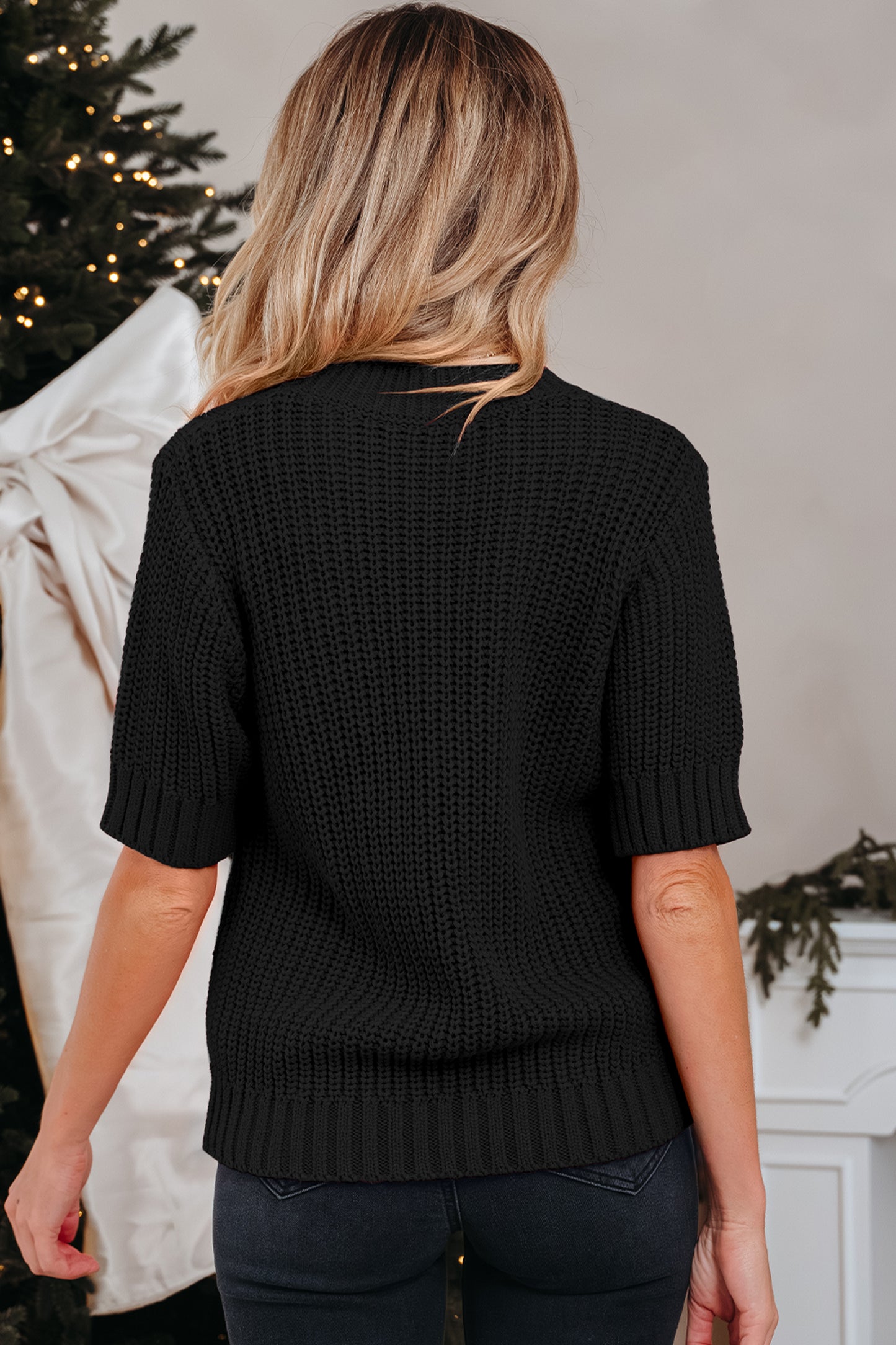 Black Plaid Lace up Detail Christmas Holiday Puff Short Sleeve Sweater