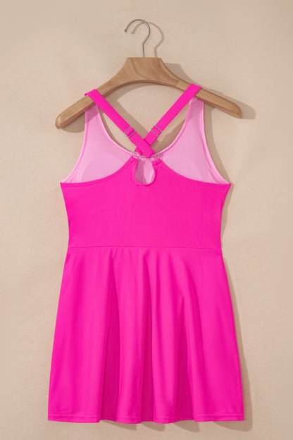 Rose Red Contrast Trim Neckline Active Shorts Attached One Piece Swim Dress