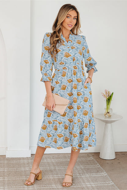 Sky Blue Floral Printed Frilled V Neck Bracelet Sleeve Long Dress