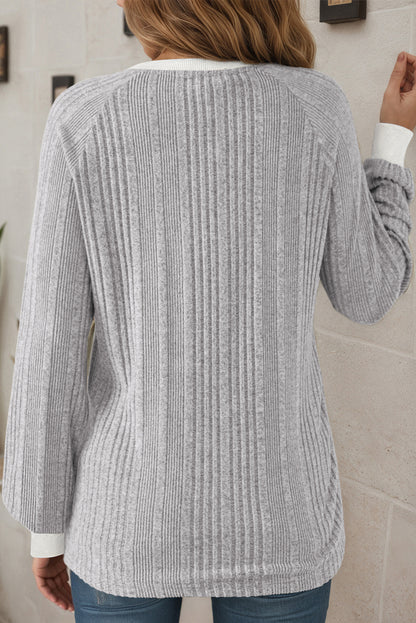 Gray Ribbed Contrast Cuffed Round Neck Long Sleeve T Shirt