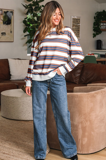 Khaki Stripe Crew Neck Drop Shoulder Pullover Sweatshirt