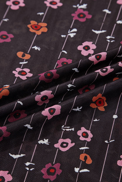 Black Floral Print Smocked Cuff Slim Fit Mesh Bodysuit