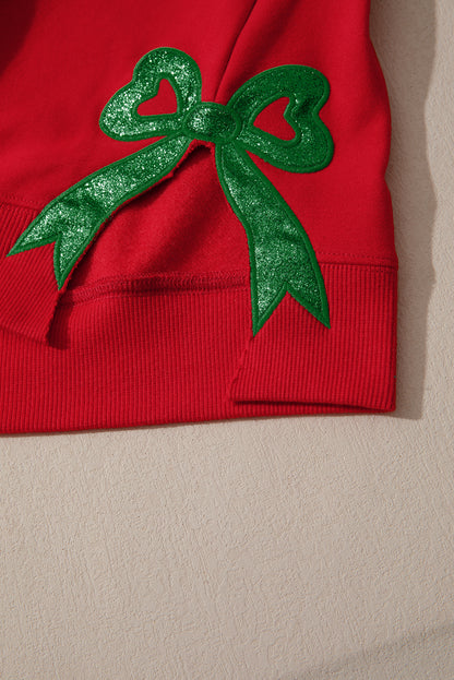 Fiery Red Merry and Bright Plaid Embroidered Letter Graphic Sequin Bow Decor Christmas Sweatshirt