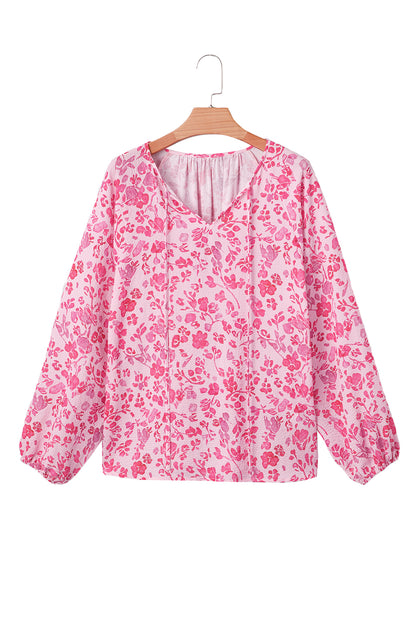 Pink Floral Puff Sleeve Split Neck Lightweight Blouse