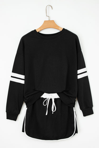 Black Varsity Stripe Detail Drop Shoulder Pullover Mini Skirt Set
