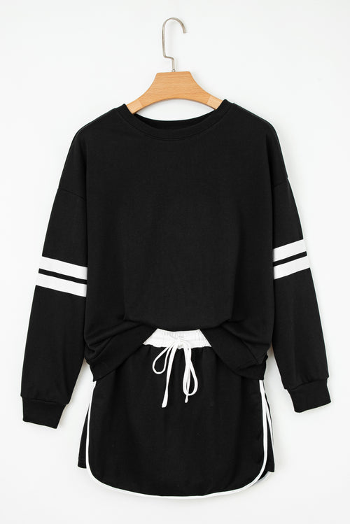 Black Varsity Stripe Detail Drop Shoulder Pullover Mini Skirt Set