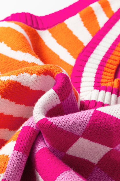 Yellow Striped Checkered Contrast Patchwork V Neck Sweater Vest