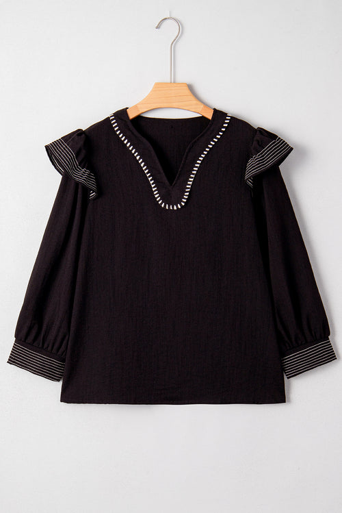 Black Contrast Stitched Detail V Neck Ruffle Long Sleeve Blouse