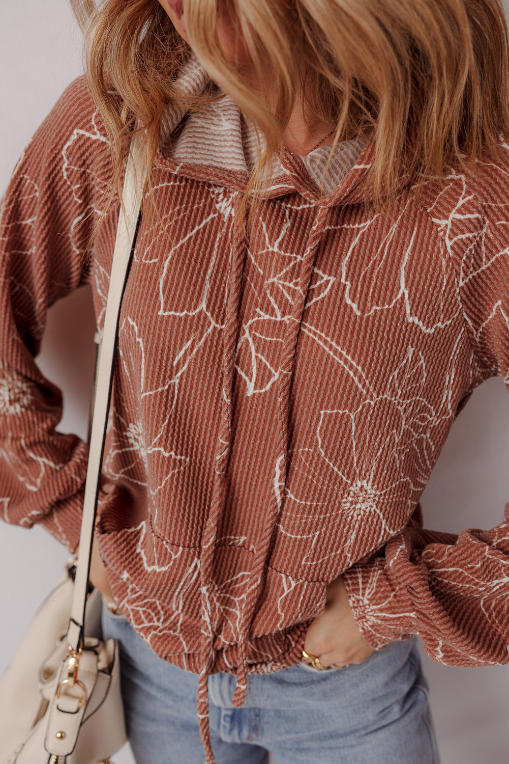 Brown Floral Twisted Rib Drawstring Kangaroo Pocket Hoodie