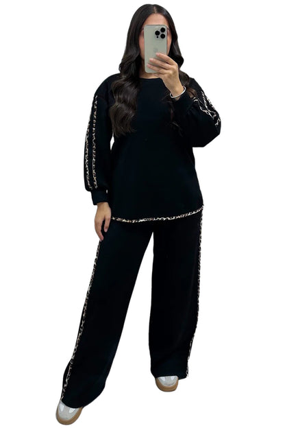 Black Contrast Leopard Trim Casual Sweatshirt Pant Set