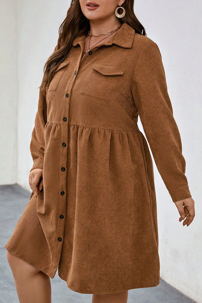 Camel Corduroy Full Buttoned Collared Shirt Style Plus Size Dress