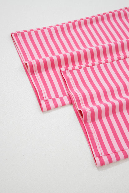 Rose Stripe Drop Shoulder Round Neck Top and Buttoned Straight Pants Two Piece Set