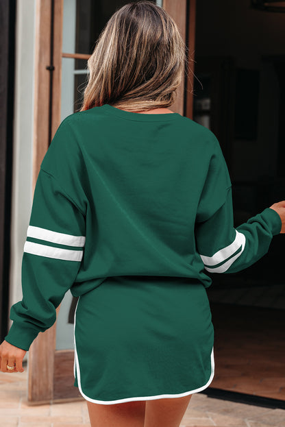 Evergreen Varsity Stripe Detail Drop Shoulder Pullover Mini Skirt Set