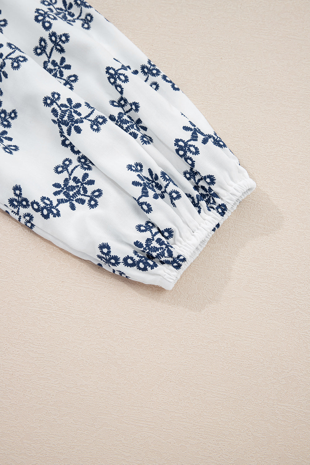 Blue Lace Patchwork Floral Bubble Sleeve V Split Neck Blouse