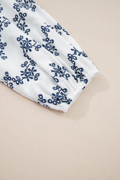 Blue Lace Patchwork Floral Bubble Sleeve V Split Neck Blouse