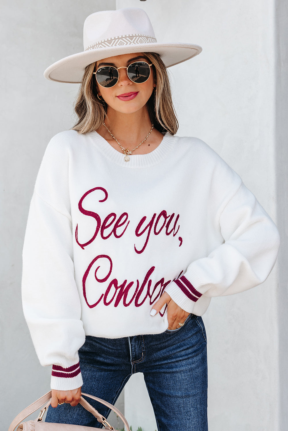 Light Grey See You Cowboy Embroidered Western Graphic Sweater