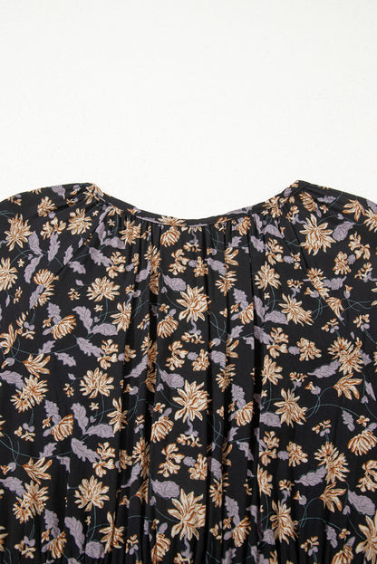 Black Floral Deep V Neck Smocked Bust Bubble Sleeve Babydoll Dress