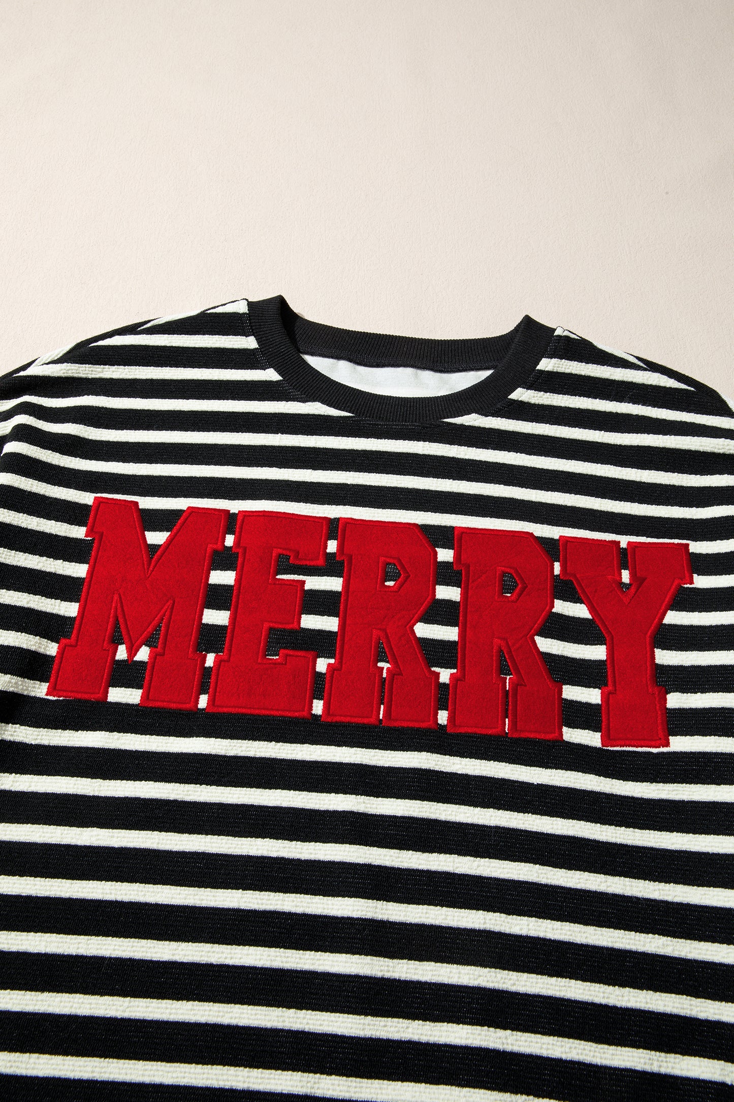 Black Stripe Contrast MERRY Letter Christmas Print Drop Shoulder Sweatshirt