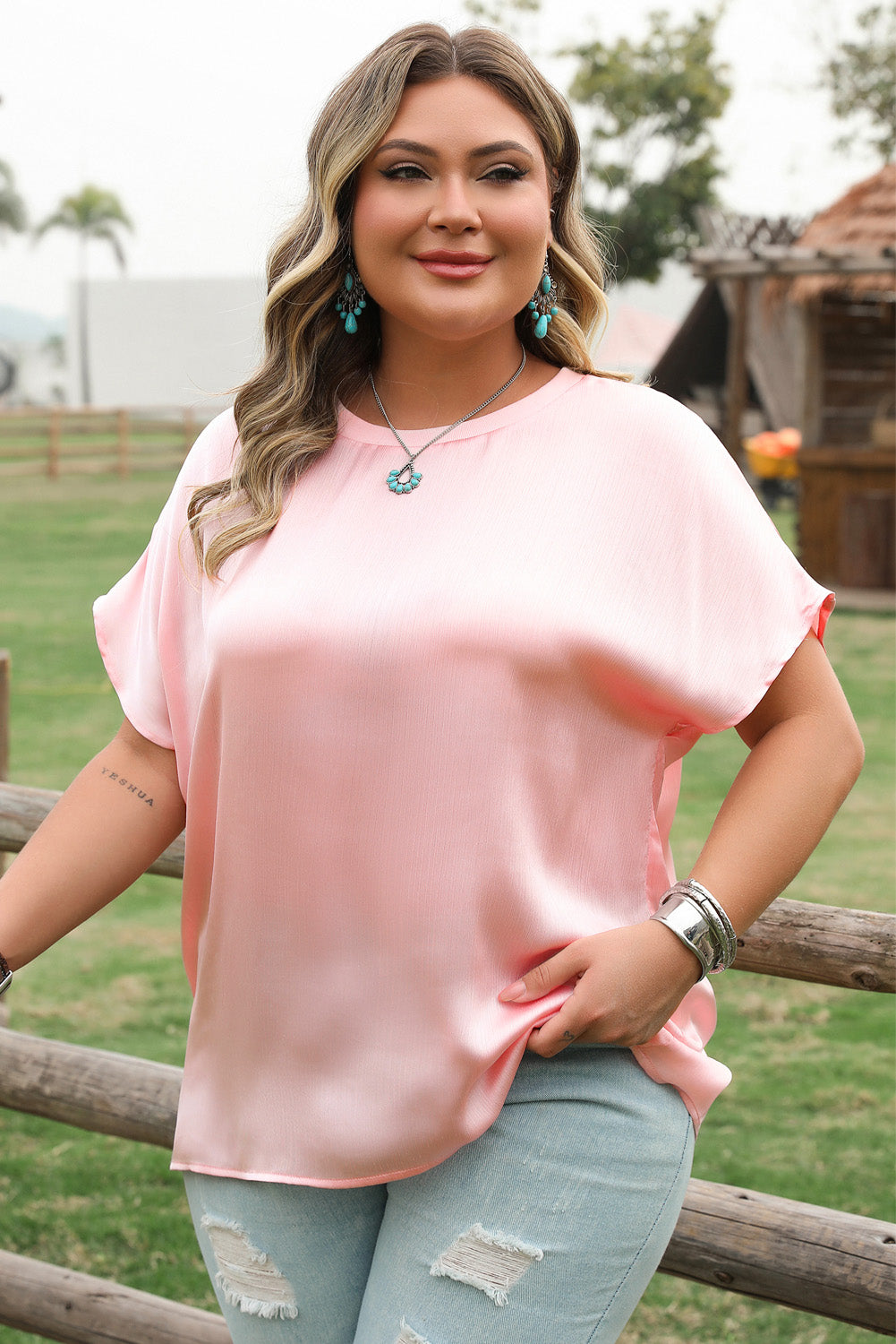 Pink Metallic Gloss Short Batwing Sleeve Plus Size Top