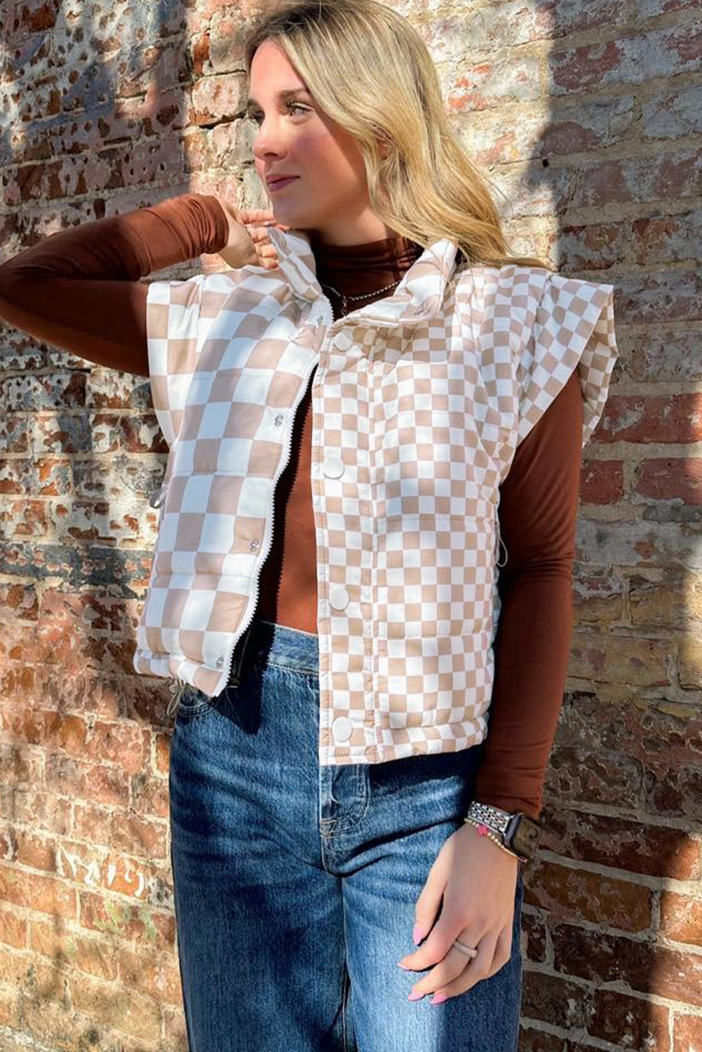 Khaki Contrast Plaid Quilted Button Zip Up Vest