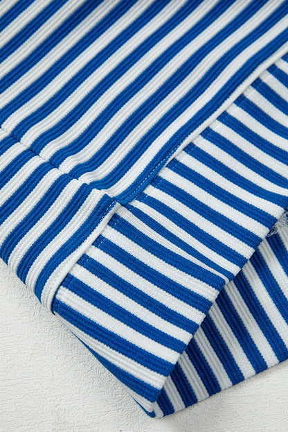 Green Stripe Quarter Zip Collar Pullover Long Sleeve Top