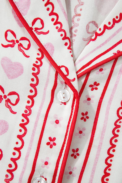 Red Cute Bow Heart Print Ribbon Decor Short 2pcs Pajama Set