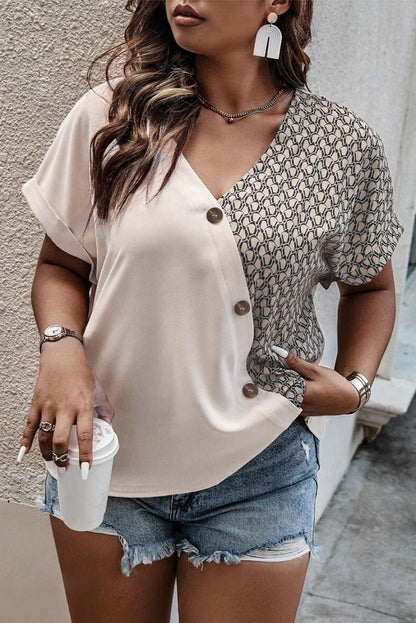 Oatmeal Contrast Geometric Print Patchwork V Neck Short Sleeve Plus Size Top