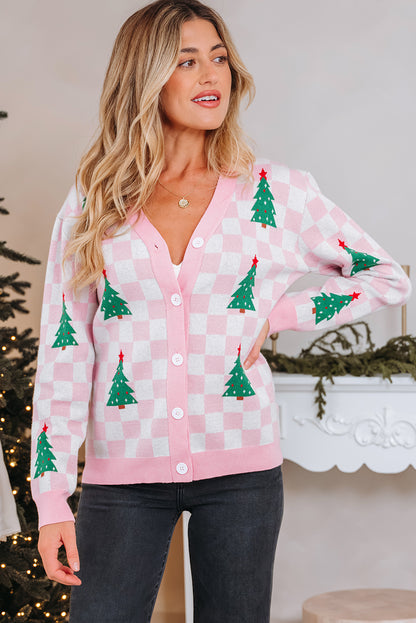 Pink Checkered Christmas Tree Pattern Button V Neck Cardigan Sweater