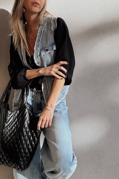 Beau Blue Frayed Edge Flap Pockets Denim Vest Jacket