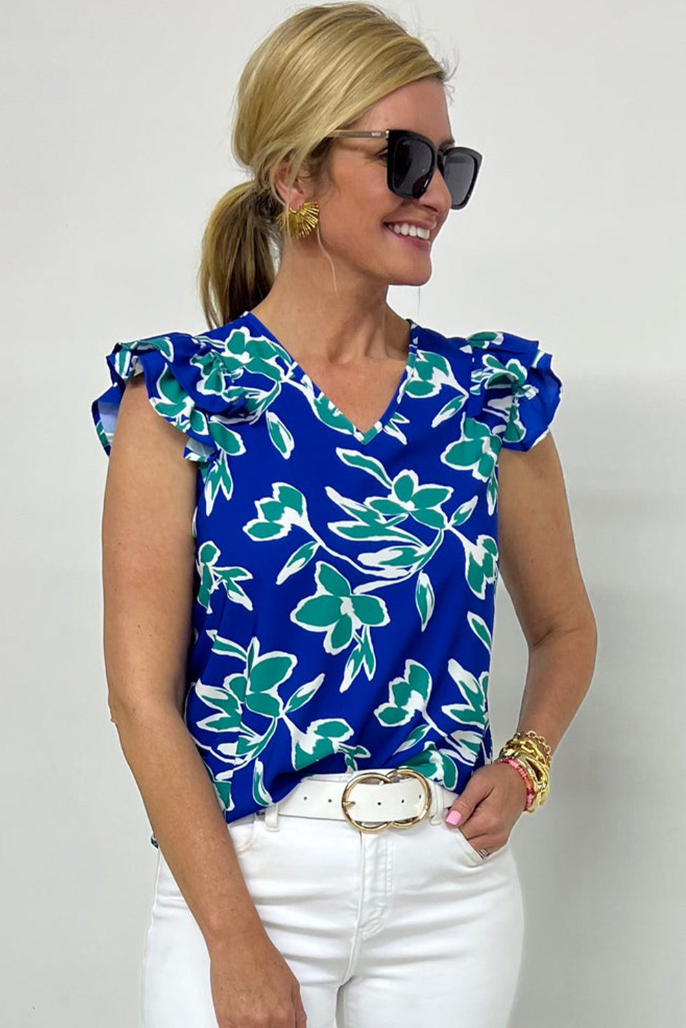 Blue V Neck Floral Print Double Ruffled Short Sleeve Blouse