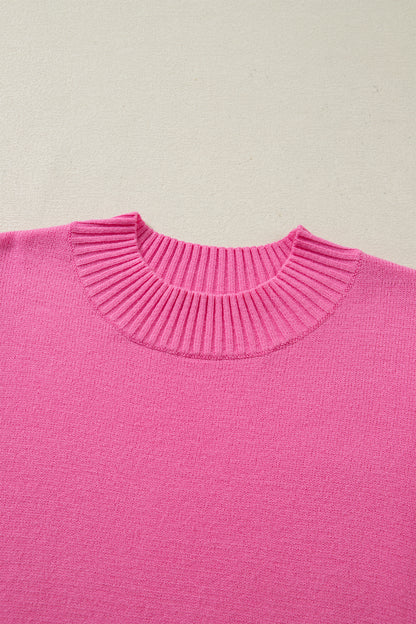 Sachet Pink Solid Color Ribbed Trim Round Neck Ruffle Short Sleeve Sweater
