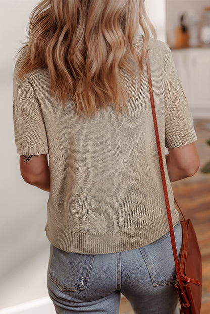 Beige Shiny Knitted Short Sleeve Drop Shoulder Sweater