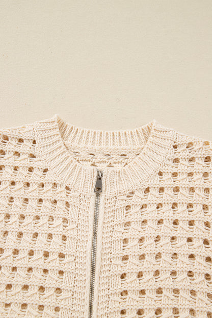 Beige Hollowed Pattern Knit Zip Up Drop Shoulder Sweater Cardigan
