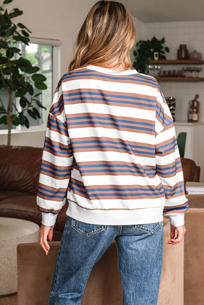 Khaki Stripe Crew Neck Drop Shoulder Pullover Sweatshirt