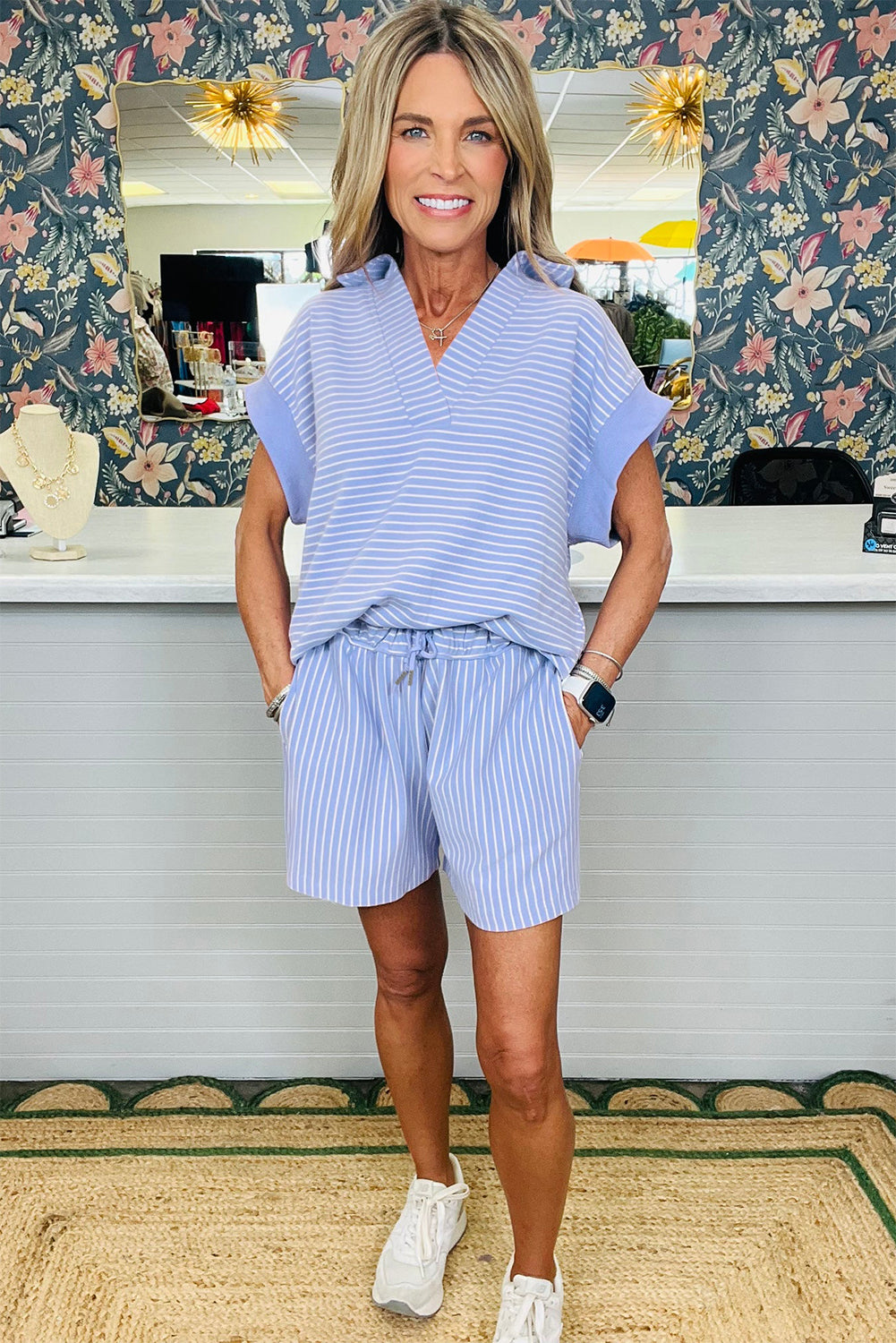 Sky Blue Stripe Dolman Sleeve Polo Shirt and Drawstring Shorts Set